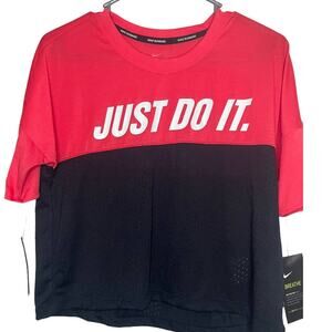Nike NWT Crop Top Red and Black Mesh Bottom Short Sleeve